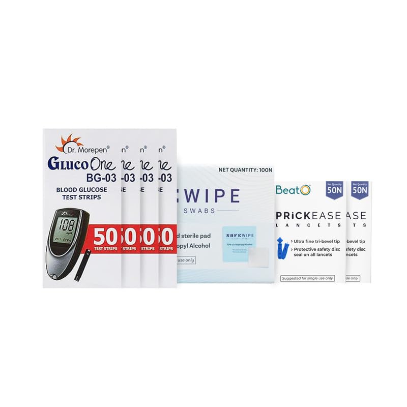 Dr. Morepen GlucoOne BG 03 50 * 4 Glucometer Strips & 100 Glucometer Lancets with 100 Swabs