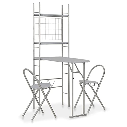 Vetnasa Juego de Comedor Plegable con Estante 3 pzas MDF y Acero Gris Mobiliario, Conjuntos de Muebles, Conjuntos de Muebles para cocinas y comedores Gris 19,6 KG