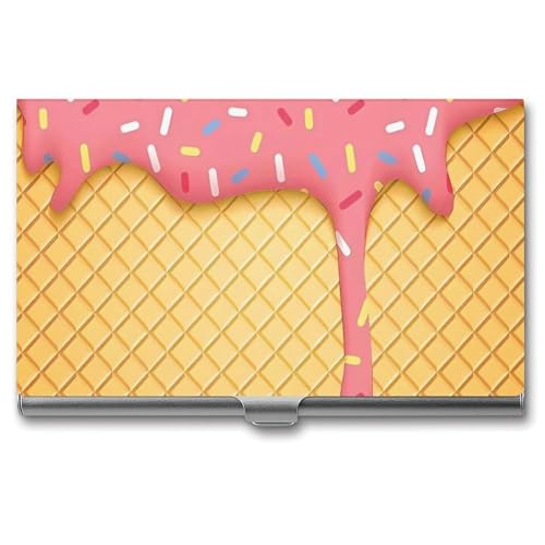 Slim Metal Business Card Holder - Ice Cream And Waffle Pattern Aluminum Alloy Card Case with Buckle Closure, Holds 20 Cards & Cash, Professional Credit Card Size ID Holder for Men Women Gift