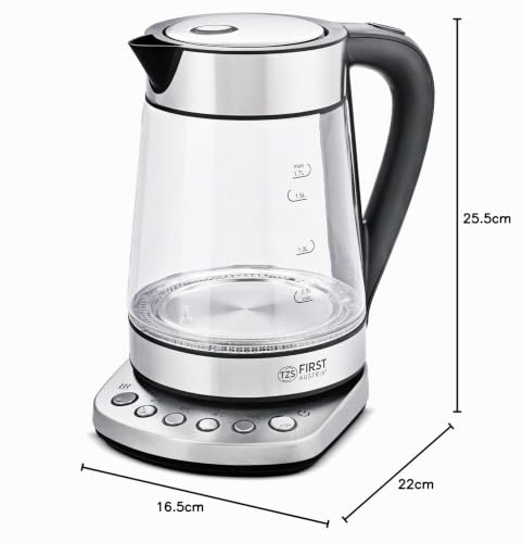 Foto von TZS First Austria Glaswasserkocher 1,7 L, mit Kalkfilter, 2200 Watt, Innenbeleuchtung, kabellos, Trockenkochschutz, 360° Grad Anschluss-Sockel