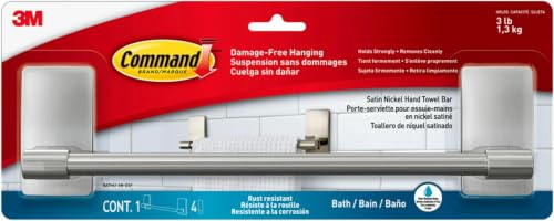 Image of Command Hand Towel Bar Satin Nickel with 4 Water Resistant Command Strips,9 inch Hand Towel Holder,Holds up to 3 lb,Great for Bathroom Decor on The Wall,Inside The Cabinet,or in-The Shower,(Pack of 8)