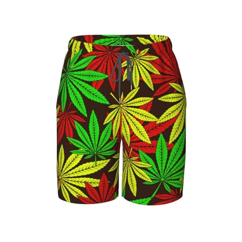 AIFAAFIIA Boys Swim Trunks Rasta Cannabis Leaves Colorful Kids Swim Shorts Quick Dry Beach Board Pocket