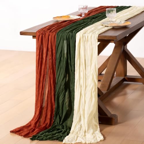 Image of Cheesecloth Table Runner Fall Boho 3pcs Mix and Match Wedding Decor | Terracotta Olive Beige Rustic Gauze 10FT Cheese Cloth Sheer Farmhouse Runner for Wedding Party Holiday Decorations