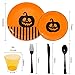 Ciaell 150PCS Halloween Plastic Plates - Pumpkin Party Plates - Orange and Black Plastic Plates with Orange Cups & Black Plastic Silverware for 25 Guests Halloween Party