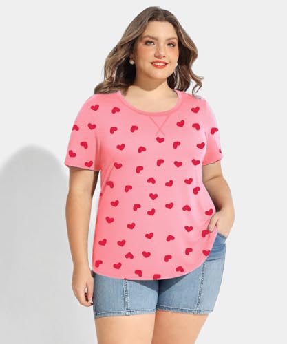 Image of CARCOS Plus Size Tops for Women Short Sleeve Shirt Summer Star /Leopard /Tie Dye /Flower Crewneck Pullover Tunic XL-5XL