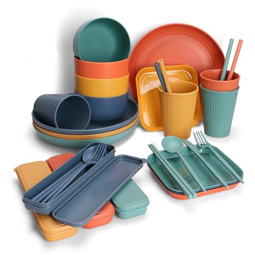 EazyBreezy 40 Pcs Unbreakable Dinnerware Set Plastic Tableware Sets Lightweight Camping Serving Plate and Bowl for 4 People - Colorful Plates, Bowls, Cups, Straws, Cutlery Set for Picnic Party BBQ