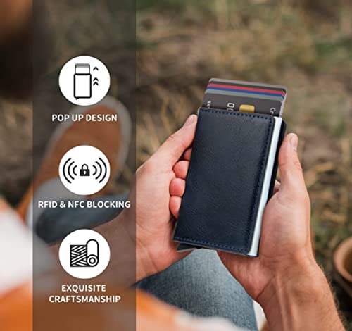 Image of VOGARD Men's Genuine Leather Wallet | RFID Blocking Aluminum Automatic Pop Up Credit Card Holder Case | Up to 9 Card Slots with RKI (24 Blue-RKI)