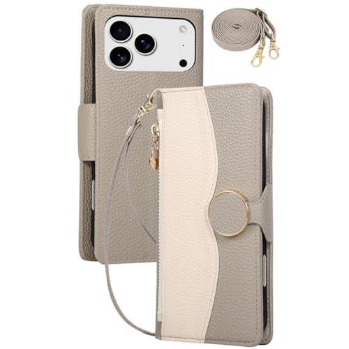 Étui portefeuille iPhone 15 Pro gris avec cordon bandoulière pour garder les mains libres en voyage