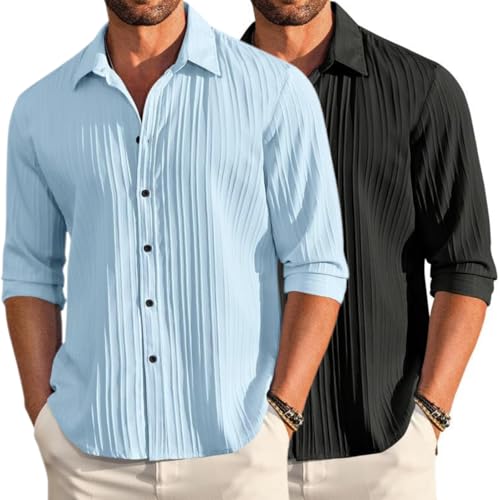 Image of FINIVO FASHION Men's Cotton Blend Shirt Set Lightweight, Full Sleeves, Plain Texture, Button Closure, Summer Ready (Pack of 2)