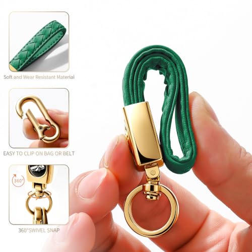 Image of Gkeygo Carabiner Keychain, Universal Heavy Duty Woven Handmade Leather Key Chain, Car Fob Key Keychains with 360 Degree Rotatable Snap Swivel and Anti-Lost D-Ring for Men and Women,Light Gold - Green
