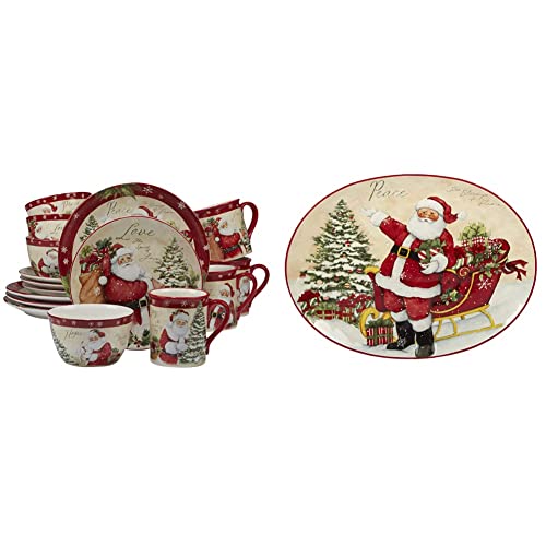 Certified International 89127 Holiday Wishes 16 piece Dinnerware Set, Set of 4, One Size, Mulicolored & Holiday Wishes Oval Platter, 16.5" x 12.25" Servware, Serving Accessories