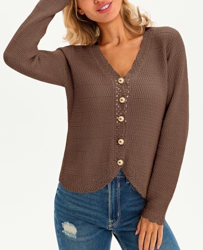 Image of Saodimallsu Womens V Neck Cardigan Sweaters Button Up Cropped Boho Knit Long Sleeve Loose Trendy Sweater Tops