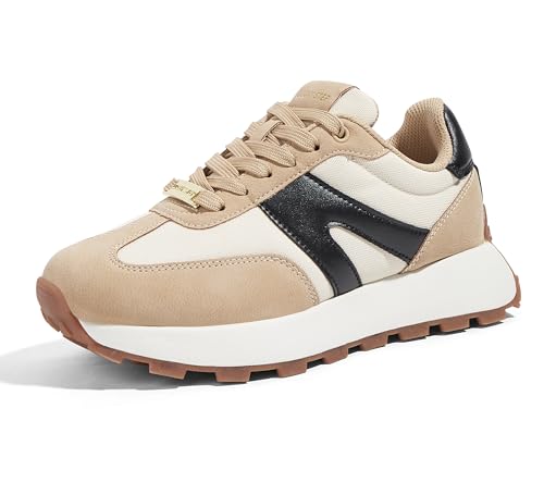 LUCKY STEP Zapatillas de Plataforma para Mujer – Clásicas y Retro, Zapatos de Moda con Cordones para Correr, Tenis y Uso Diario (Beige/Negro, 9US-40EU-7UK)