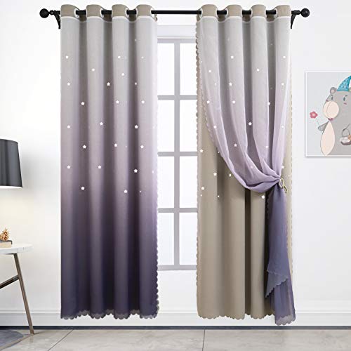 Hughapy Star Curtains Ombre Curtain for Kids Girls Bedroom - Tulle Overlay Star Cut Out Curtains Mix and Match Curtains for Living Room, Room Darkening Window Curtains, 1 Panel - (52W x 84L, Grey)