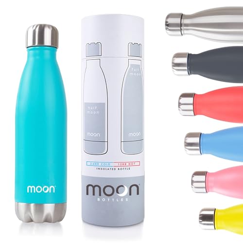 Moon Bottles - Insulated Water Bottle That Lasts Forever - 18/8 Stainless Steel Vacuum Flask - Double Walled Drink Bottle - Thermal Metal Flasks, Leakproof, 24hrs Cold & 12 Hot (500ml, Aqua Green)