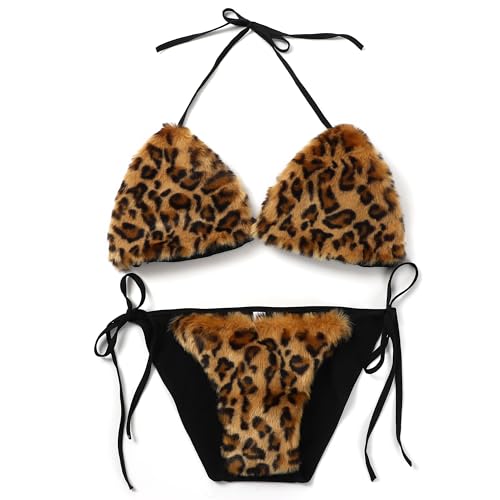 Women's Detachable Faux Fur Bikini Sets Halter Tie Two Piece Swimsuits for Party Stripper Outfit