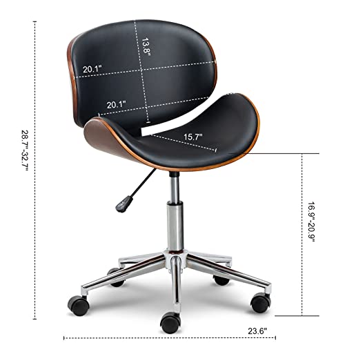 Okakopa Office Chair Wood Faux Leather Desk Chair 360°Swivel Height Adjustable Ergonomic Chair Armless Chairs Curved Wood Black Leather Office Chair Home Computer Chairs With Wheels (New Black) #TOP2