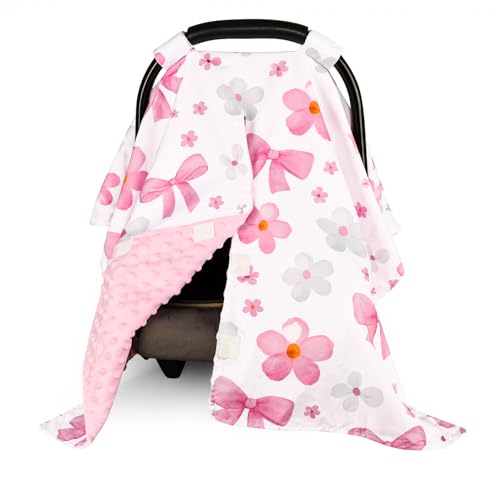 Image of Hooyax Peekaboo Car Seat Cover for Baby Girl - Warm Minky Carseat Canopy with Adjustable Opening, Universal Fit for Infant Car Seats & Strollers, Soft Nursing Cover & Blanket (Pink Bow)