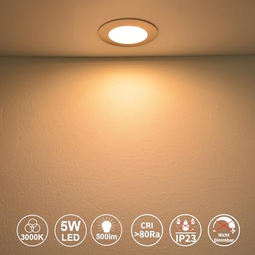 HiBay 6er Set Einbaustrahler LED 5W Flach LED Spots 230V 60mm-68mm Rund Nickel Deckenspots Warmweiß 500LM, Nicht Dimmbar