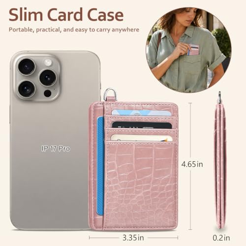 Image of Coco Rossi Crocodile Wallet Women Slim Credit Card Holder with Keychain | Luxury Wallets, Alligator Print, RFID Blocking, ID Case, Small Minimalist, Womens Girls Gift, Pink Croc