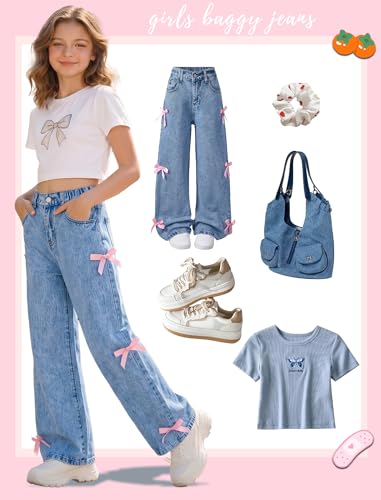 Image of Jeans for Girls Baggy Wide Leg Cute Bow High Elastic Waisted Denim Pants Y2K Boyfriend Skater Streetwear 7-14Y