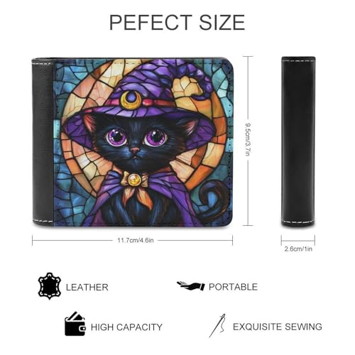 Stained Glass Halloween Black Cat Soft PU Leather Bifold Wallet, Coin Purse Credit Pass Case, Durable Card-Holder Slim Billfold for Men Woman Money Storage2