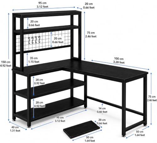 Image of L Shaped Table | Wooden Office Table with Bookshelf | Computer Desk with Storage Shelves for Home & Office | Modern Workstation Desk for Laptop, Study & Work from Home Setup | Black | 140x50x150 cm