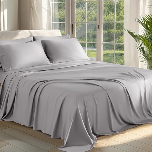 Shilucheng 100% Viscose Derived from Bamboo_ Sheets Queen Size 6pcs - Ultra Cooling & Silky Soft Bed Sheets, 16" Deep Pocket, Perfect for Hot Sleepers, Hotel Bedding Sheets (Grey)