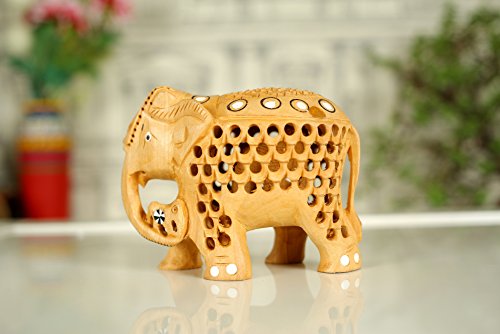 Kolambas - Figura decorativa de elefante de madera con incrustaciones para decoración del hogar y decoración de animales