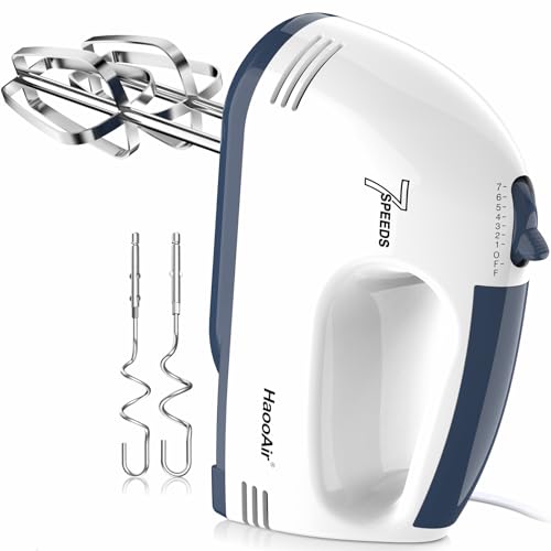 HaooAir Batidora de mano, batidora de cocina ajustable de 7 niveles, accesorios de acero inoxidable 304 (2 ganchos de masa, 2 varillas de agitación), ideal para aplicaciones de cocina y horneado