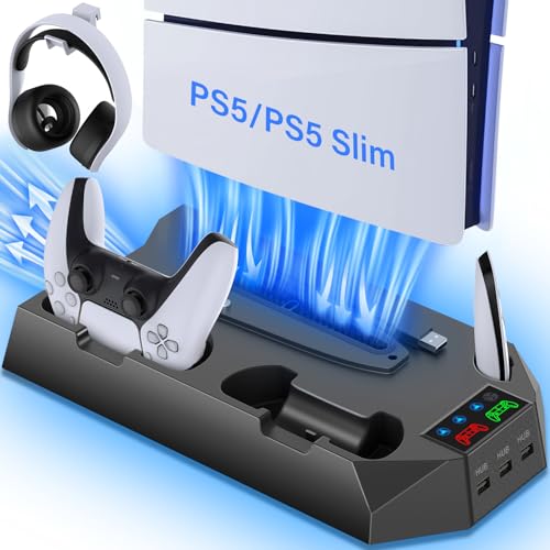 PS5 smukły stojak i stacja chłodząca z kontrolerem do Playsation 5 Slim & Standard Disc/konsola cyfrowa, akcesoria PS5 z ładowarką/wentylatorem turbo/3 koncentratorami USB/stojakiem