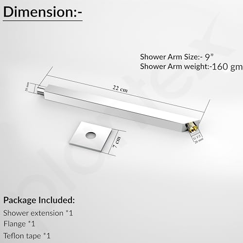 Image of Plantex 9-Inch Shower Arm for Overhead Shower /Stainless Steel Shower Pipe /Wall Mount Bathroom Fitting with -Inch Thread - Pack of 1 (Chrome)