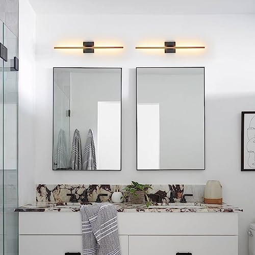 Image of KUZZULL Modern Light Fixture Set of Two 27.8x4.3x3.4in Black and Brass Gold Sconces 1200Lm LED Wall Lights for Bathroom, Living Room, Corridor