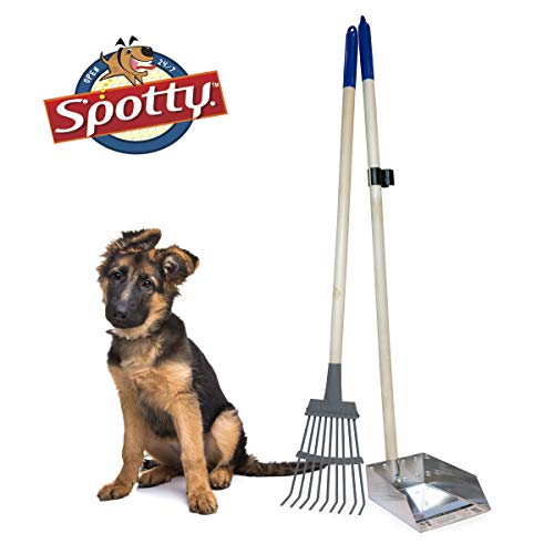 Spotty Pooper Scooper Durable Solid Wood Handle Metal Poop Tray with Rake 36.75' Long Handled Scoop | Great for Large or Small Dogs | No Assembly Required | Better for The Environment Than Plastic