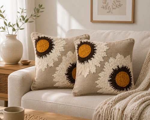 Image of Prista Hand Embroidered Cushion Covers Set of 2 | Sunflower Design | 16x16 Inch Boho Sofa Covers | Thick Cotton Tufted Embroidery | Hidden Zipper | Living Room Bedroom Decor (Vintage Sunflower)