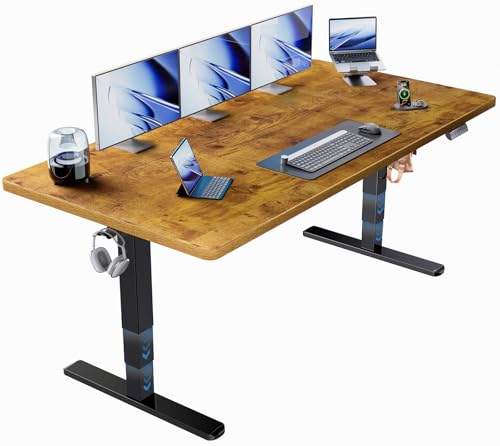 Image of HUANUO 71x35 Inch 3-Stage Legs Electric Standing Desk,Large Height Adjustable Office Desk with Brushless Motor,Stand Up Desk with 4 Memory Presets & 2 Hooks,Computer Desk for Home Office,Vintage Brown