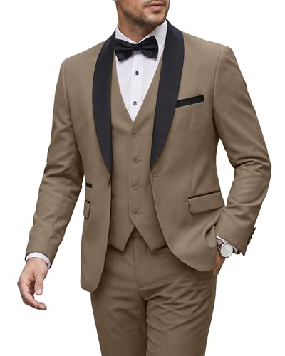 Image of MY'S Mens 3 Piece Tuxedo Set with Bow Tie, Shawl Lapel One Button Jacket Vest & Pants, Slim Fit Suit Prom Party Wedding Tux