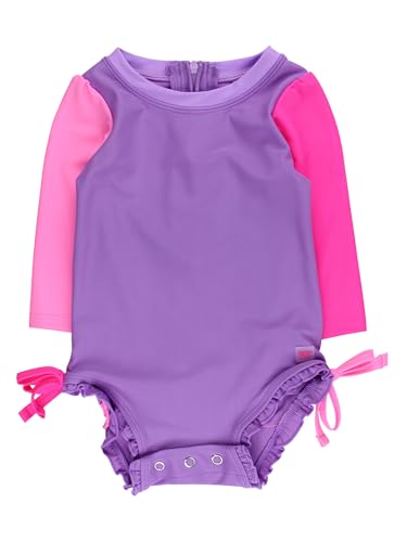Image of RuffleButts Baby Girls UPF 50+ Sun Protection Floral Printed Long Sleeve One Piece Rash Guard Swimsuit with Zipper