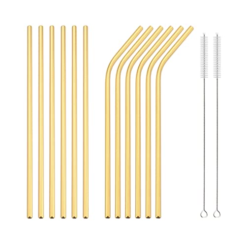 Snplowum 14pcs Straw Set With Clean Brush, 18/10 Stainless Steel Drinking Tool For Restaurant Party Daily Use, Resuable Drinkware Include 6 Straight, 6 Bent, 2 Brush