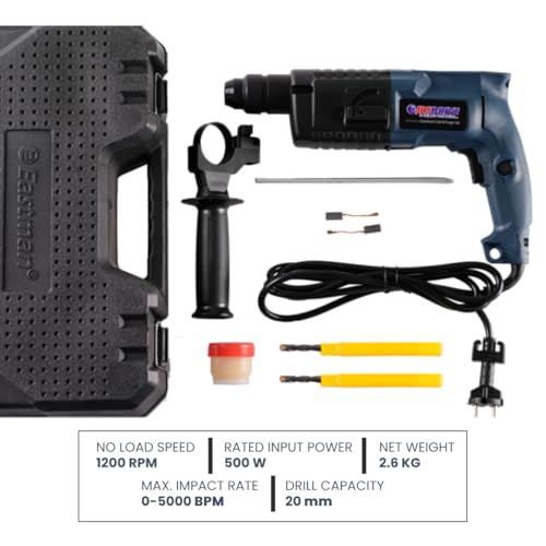 Image of EASTMAN 20mm Rotary Hammer Drill (EHD-020C) - 500W Heavy Duty SDS-Plus Drilling Machine | 5000 BPM Impact Rate | 1200 RPM Speed | Includes BMC Box, Free Drill Bits (6mm & 8mm) & Carbon Set