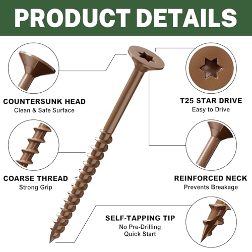 Image of LIONMAX Wood Screws 2-1 /2 Inch, Deck Screws #10 x 2-1 /2 inch, 500 PCS, Rust Resistant, Epoxy Coated, Exterior Wood Screw, Outdoor Decking Screws, Torx /Star Drive Head, T25 Star Bit Included, Brown