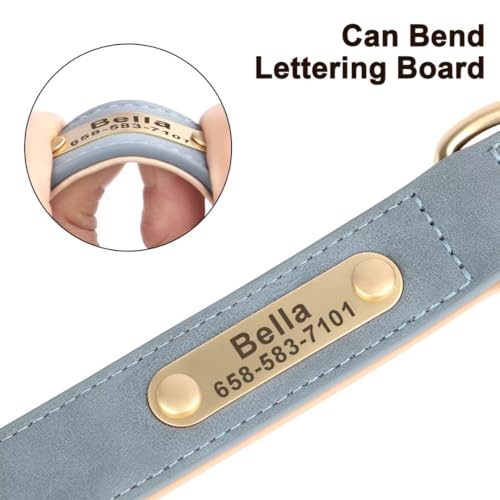 Beirui Personalized Dog Collar with Name Plate, Custom Dog Collar with Name and Phone Number, Padded Leather Dog Collars with Genuine Leather Dog Leash Set for Small Middle Large Dogs