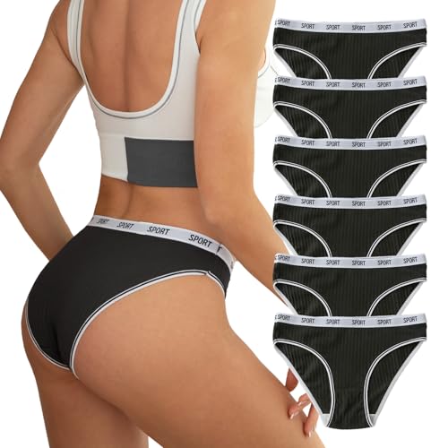 APRSEA Women's Cotton Knickers Black Hipster Knickers Comfortable Cotton Underwear Brazilian Ladies Panties Sport Bikini Briefs Multipack 6 Pack M