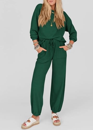 KIRUNDO Lounge Sets for Women 2026 Fall Airport Travel Outfits Ribbed Knit Tops Jogger Pants Tracksuit Postpartum Comfy Set(Dark Green, XX-Large) — view 6