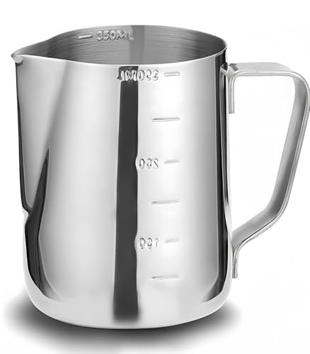 Milk Frothing Pitcher 350ml/12oz - Stainless Steel Steaming Jug for Latte Art Cappuccino and Espresso - Milk Frother Jug for Barista-Style Coffee