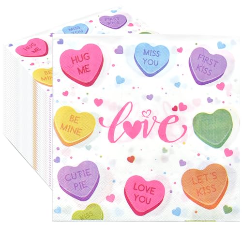Image of 40 Pack Valentine's Day Paper Napkins - 13 x 13 Inches Colorful Heart Love Message Disposable Serviettes Luncheon Cocktail Napkin Party Supplies for Weddings, Anniversaries, and Romantic Celebrations