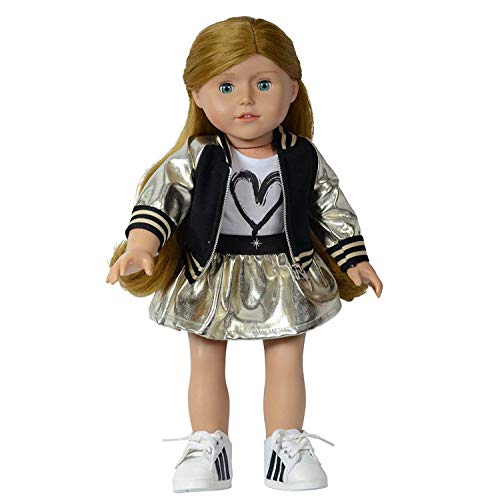 The New York Doll Collection Ensemble veste bombardier (or) pour poupées Mode Fille - Comprend une veste zippée,t-shirt et jupe - Convient poupées 18pouces/46 cm - Vêtements Accessoires poupée