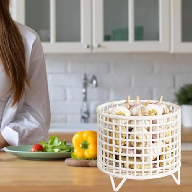 Round Metal Wire Basket Kitchen Storage Rack 5.91x5.31 Countertop Organizer for Desktop Makeup Tools Living Room Home Snack, White