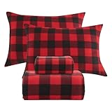 Softan Fleece Queen Sheets Set 4-Piece Fuzzy Bed Sets with 15' Deep Pocket Fitted Sheet, Flat Sheet and Pillowcase，Red Buffalo Plaid