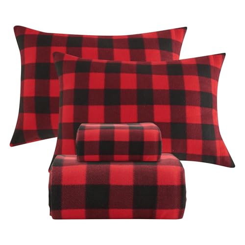 Image of Softan Fleece Queen Sheets Set 4-Piece Fuzzy Bed Sets with 15 inch Deep Pocket Fitted Sheet, Flat Sheet and Pillowcase,Red Buffalo Plaid